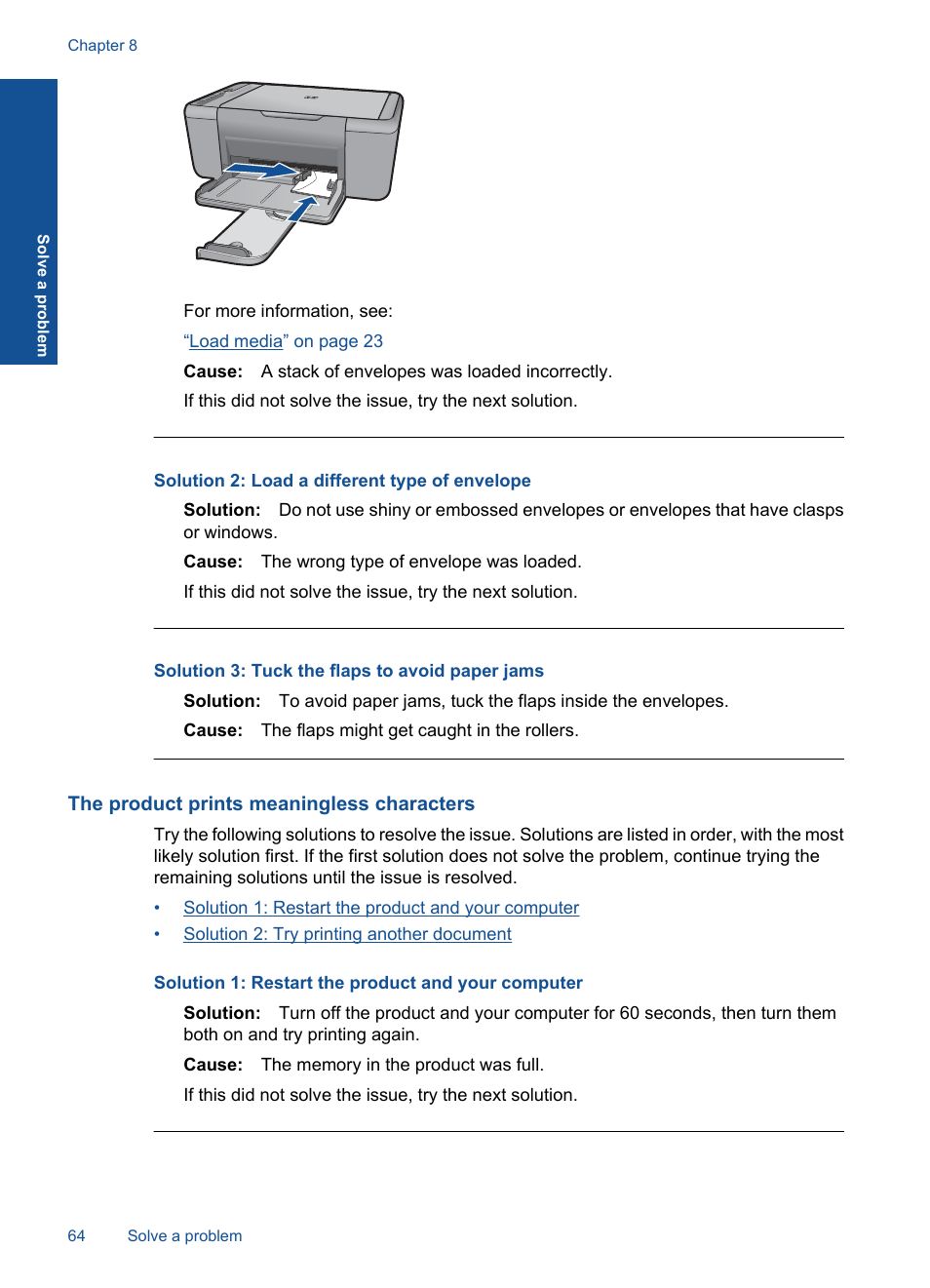The product prints meaningless characters, Solution 2: load a different type of envelope, Solution 3: tuck the flaps to avoid paper jams | HP Officejet 4400 All-in-One Printer - K410a User Manual | Page 66 / 106