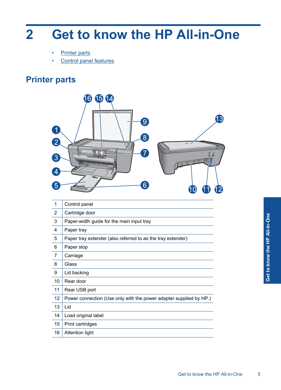 Get to know the hp all-in-one, Printer parts, 2 get to know the hp all-in-one | 2get to know the hp all-in-one | HP Officejet 4400 All-in-One Printer - K410a User Manual | Page 7 / 106