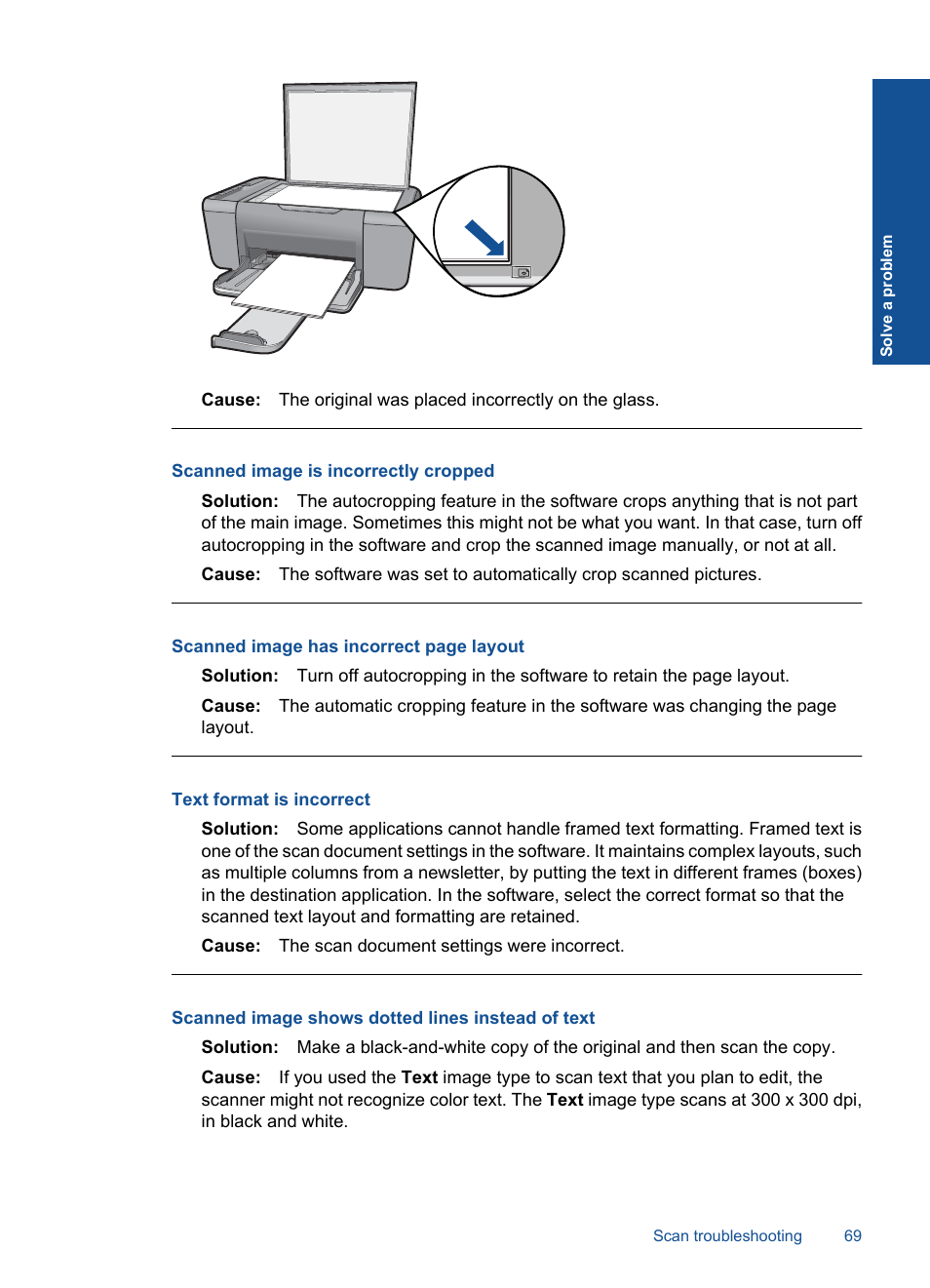 Scanned image is incorrectly cropped, Text format is incorrect, Scanned image shows dotted lines instead of text | HP Officejet 4400 All-in-One Printer - K410a User Manual | Page 71 / 106