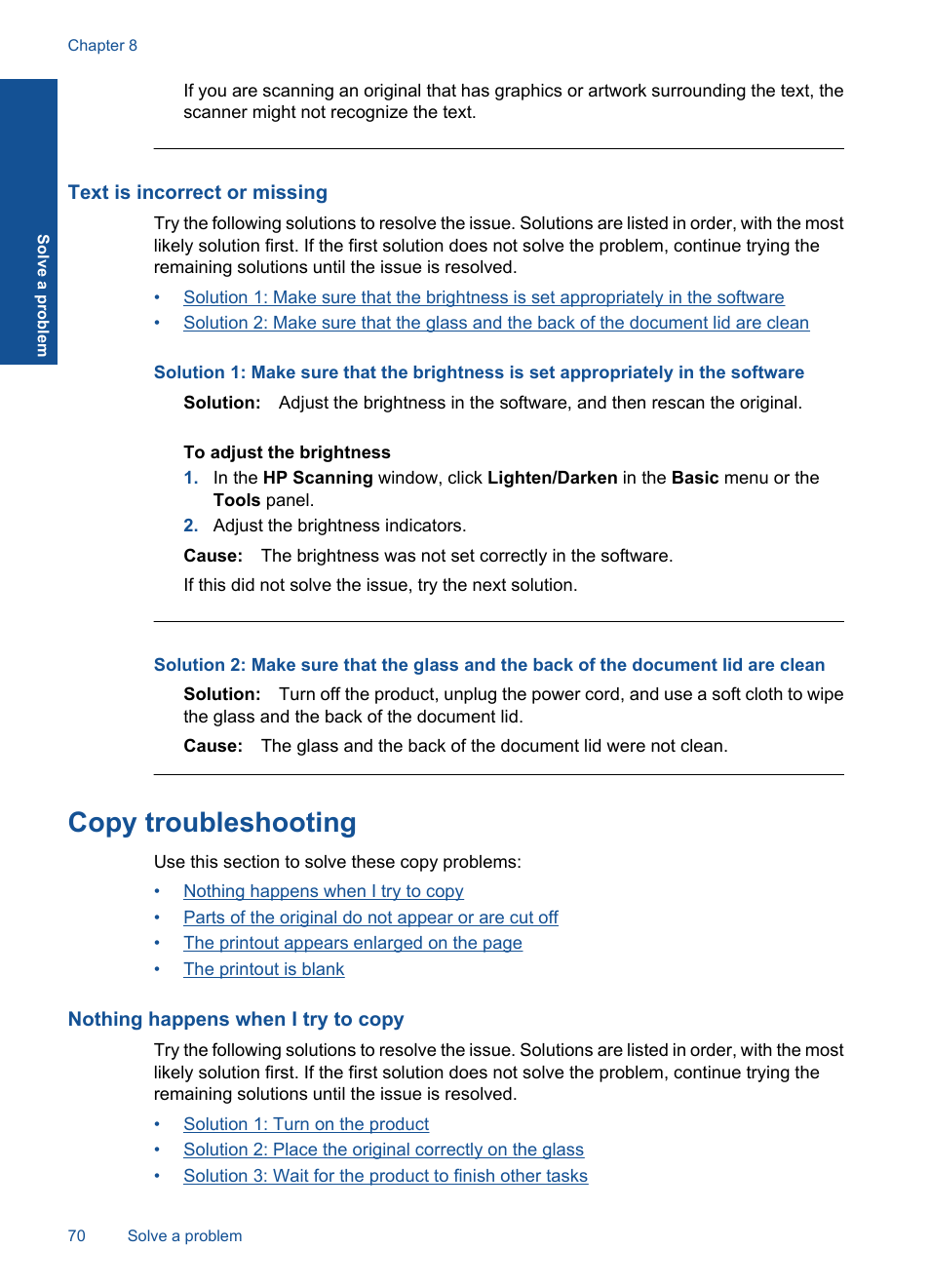 Text is incorrect or missing, Copy troubleshooting, Nothing happens when i try to copy | HP Officejet 4400 All-in-One Printer - K410a User Manual | Page 72 / 106