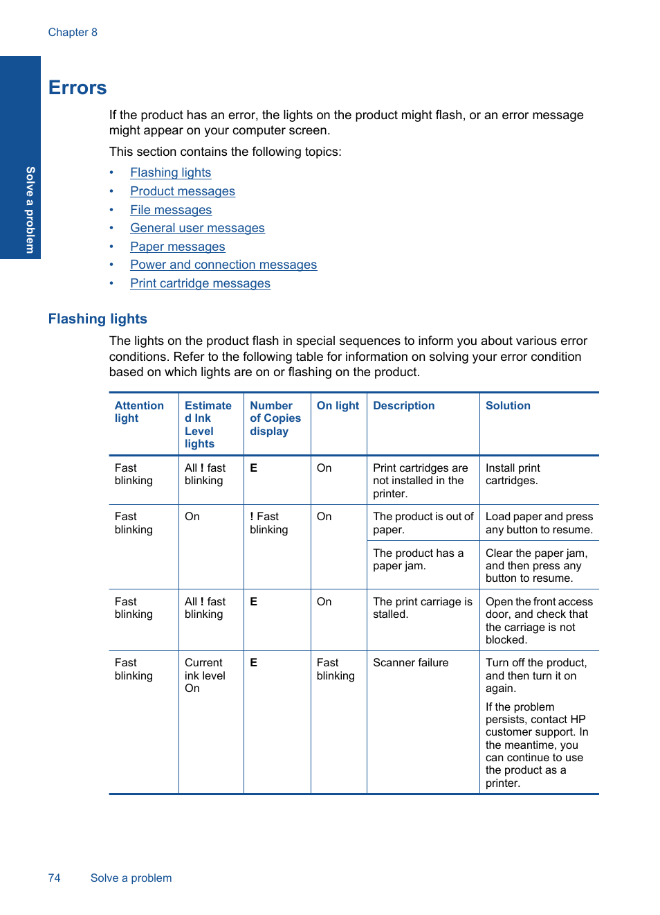 Errors, Flashing lights | HP Officejet 4400 All-in-One Printer - K410a User Manual | Page 76 / 106