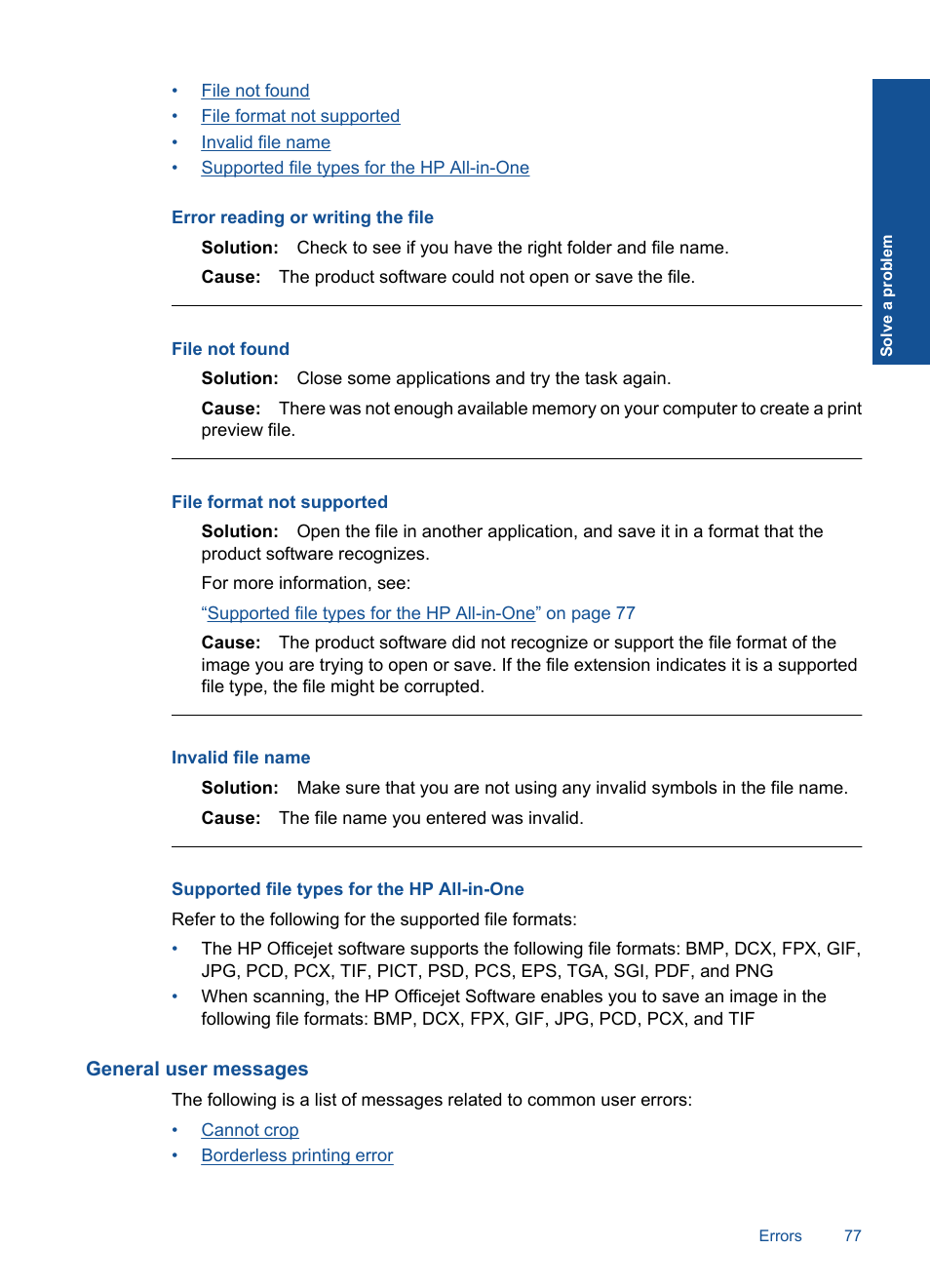 Supported file types for the hp all-in-one, General user messages, Error reading or writing the file | HP Officejet 4400 All-in-One Printer - K410a User Manual | Page 79 / 106