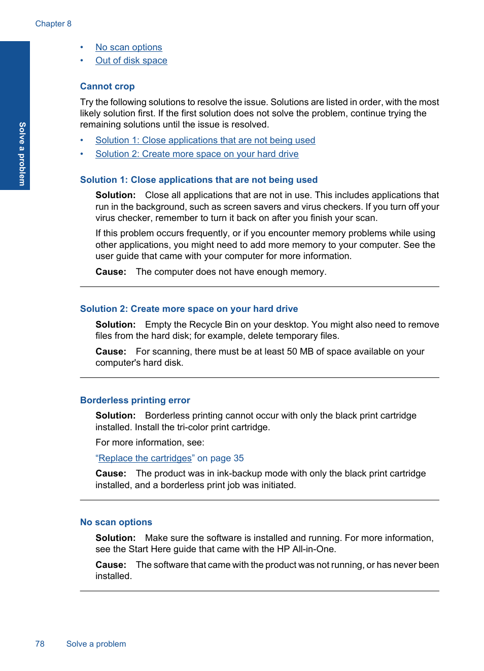 Cannot crop, Borderless printing error | HP Officejet 4400 All-in-One Printer - K410a User Manual | Page 80 / 106