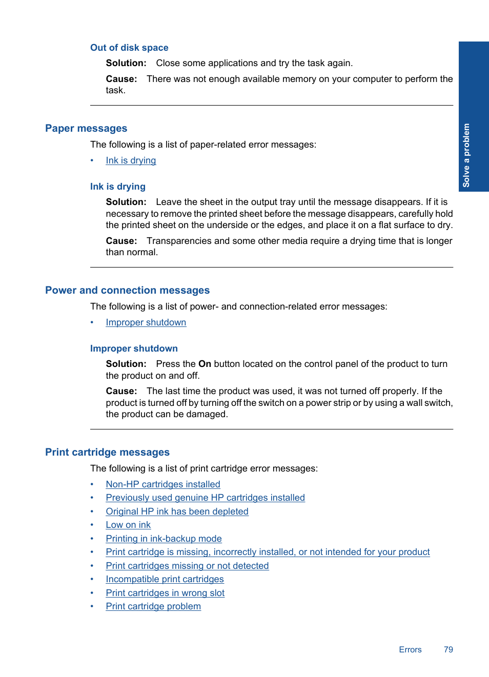 Paper messages, Power and connection messages, Print cartridge messages | Out of disk space | HP Officejet 4400 All-in-One Printer - K410a User Manual | Page 81 / 106