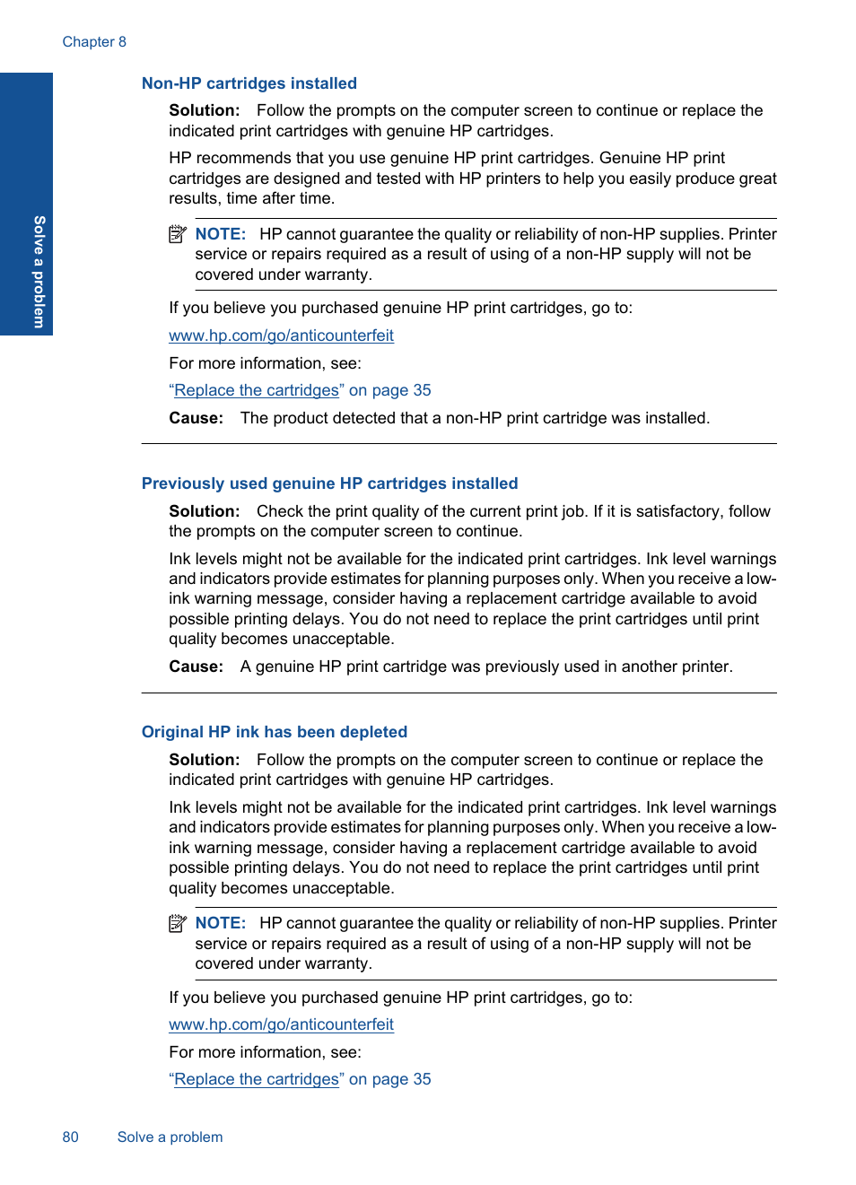 Non-hp cartridges installed, Previously used genuine hp cartridges installed, Original hp ink has been depleted | HP Officejet 4400 All-in-One Printer - K410a User Manual | Page 82 / 106