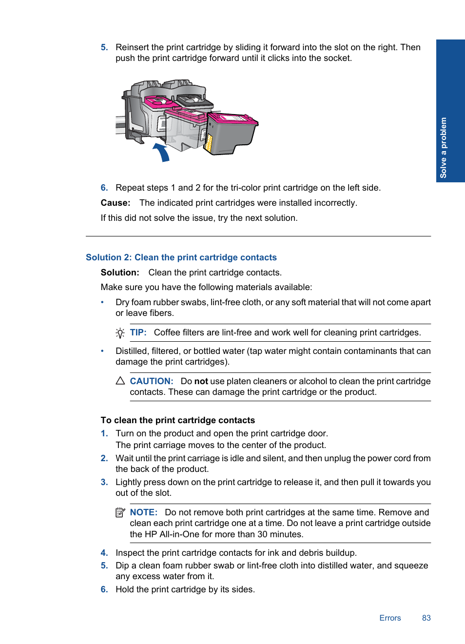 Solution 2: clean the print cartridge contacts | HP Officejet 4400 All-in-One Printer - K410a User Manual | Page 85 / 106