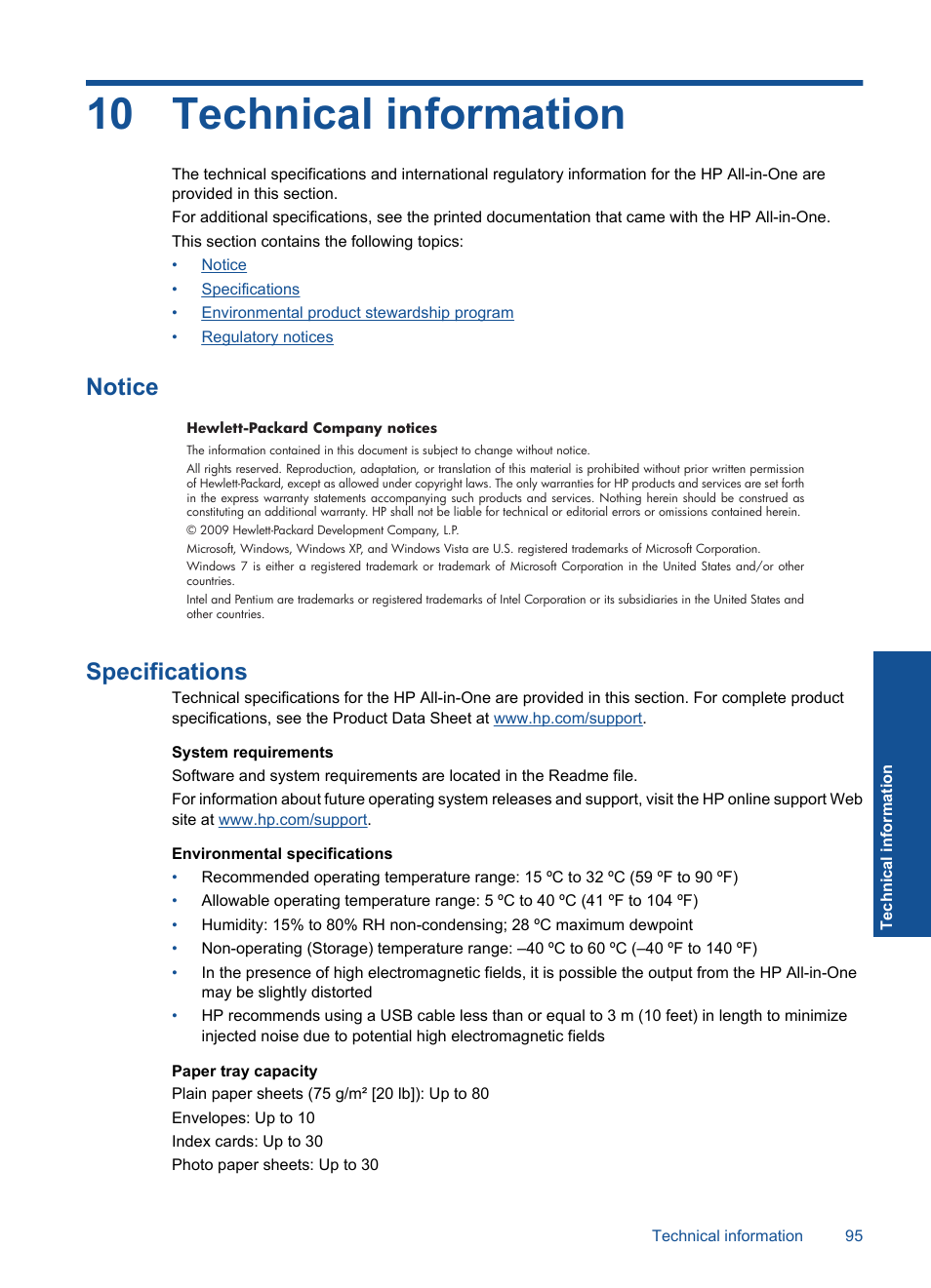 Technical information, Notice, Specifications | 10 technical information, Notice specifications | HP Officejet 4400 All-in-One Printer - K410a User Manual | Page 97 / 106