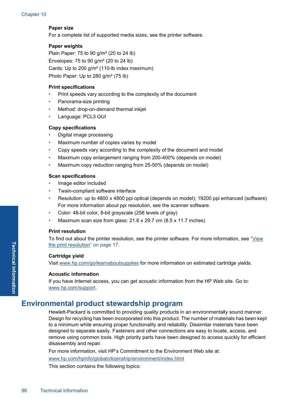Environmental product stewardship program | HP Officejet 4400 All-in-One Printer - K410a User Manual | Page 98 / 106