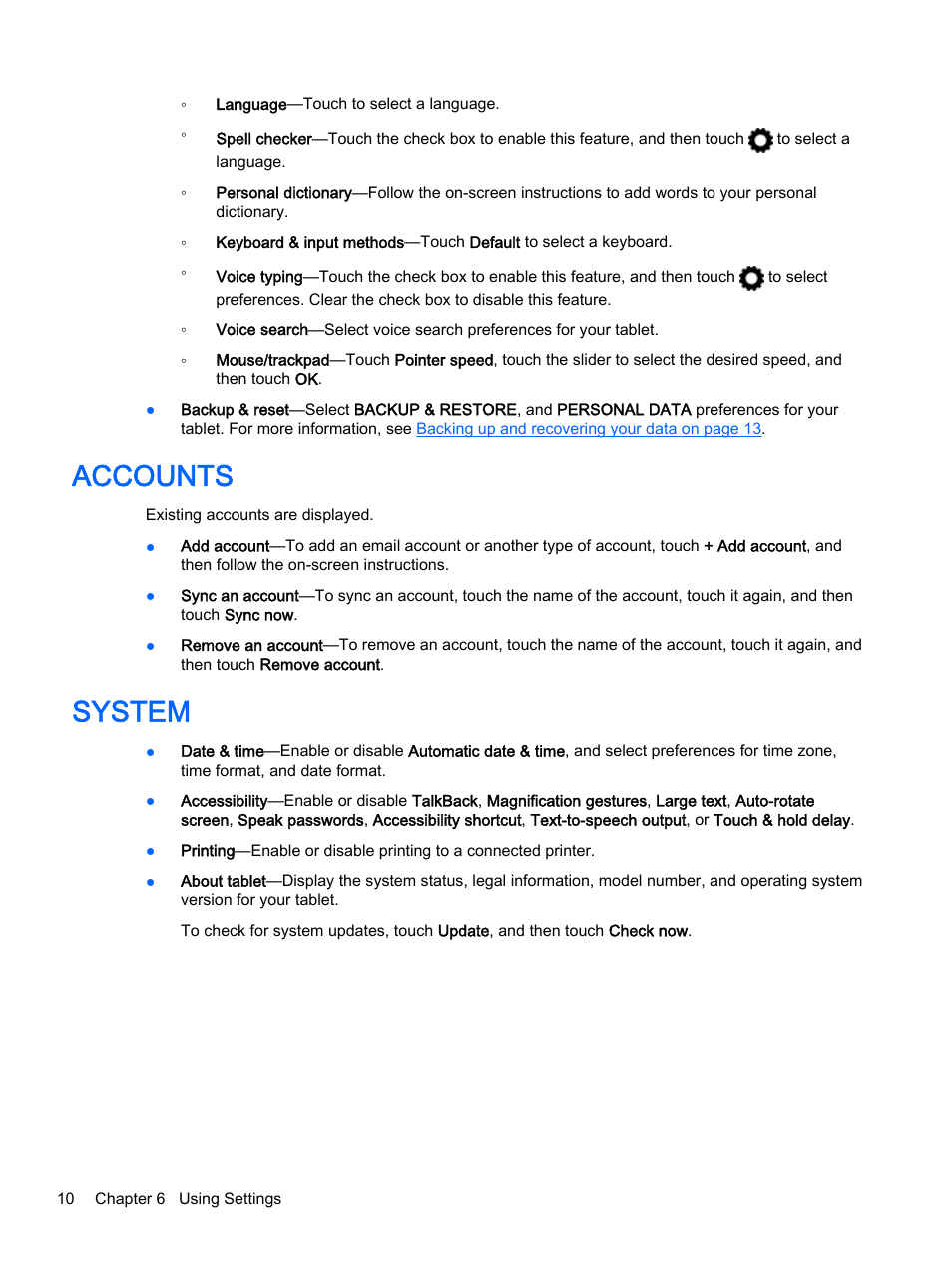 Accounts, System, Accounts system | HP Slate 8 Pro-Business-Tablet User Manual | Page 14 / 22