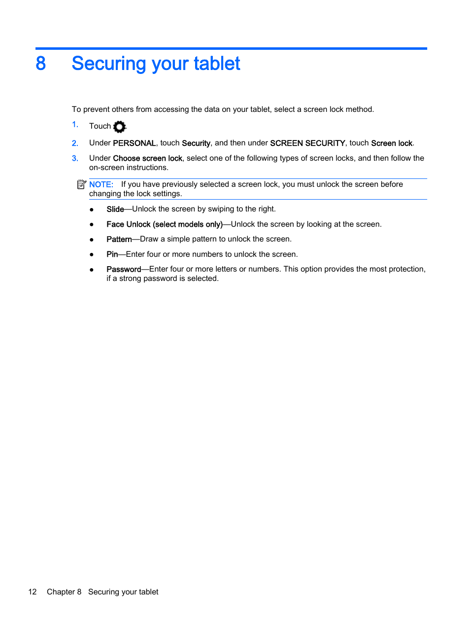 Securing your tablet, 8 securing your tablet, 8securing your tablet | HP Slate 8 Pro-Business-Tablet User Manual | Page 16 / 22