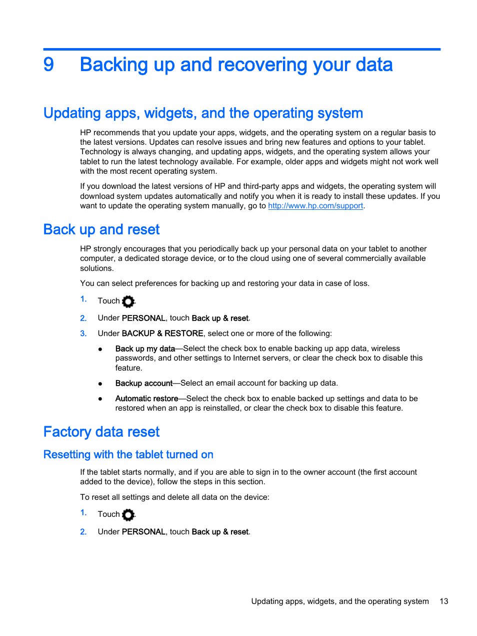 Backing up and recovering your data, Updating apps, widgets, and the operating system, Back up and reset | Factory data reset, Resetting with the tablet turned on, 9 backing up and recovering your data, 9backing up and recovering your data | HP Slate 8 Pro-Business-Tablet User Manual | Page 17 / 22