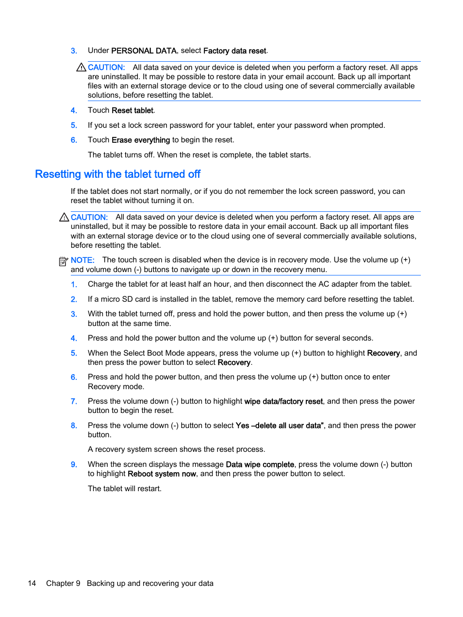 Resetting with the tablet turned off | HP Slate 8 Pro-Business-Tablet User Manual | Page 18 / 22