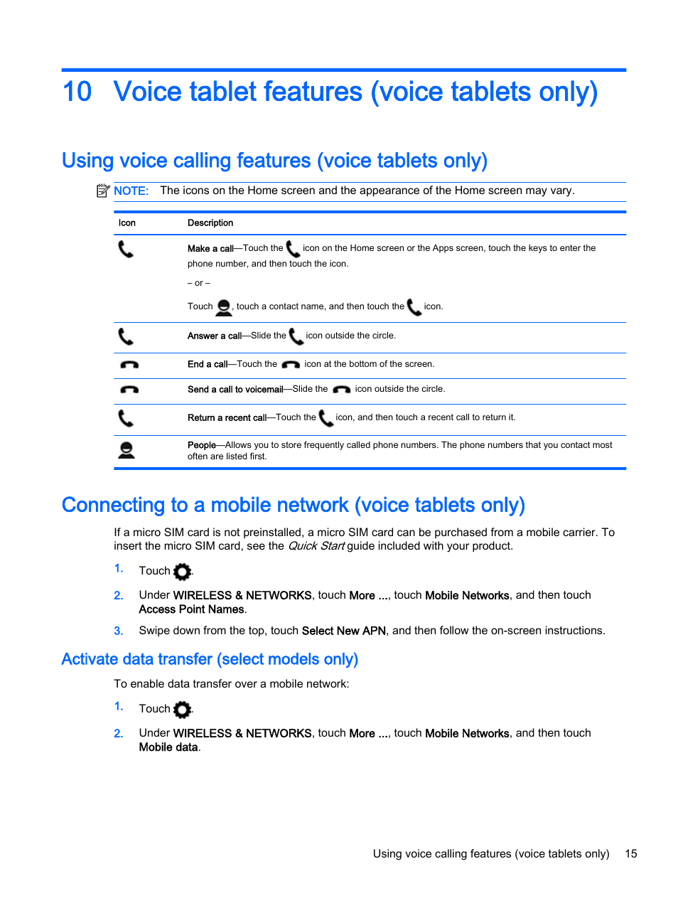 Voice tablet features (voice tablets only), Using voice calling features (voice tablets only), Activate data transfer (select models only) | 10 voice tablet features (voice tablets only) | HP Slate 8 Pro-Business-Tablet User Manual | Page 19 / 22
