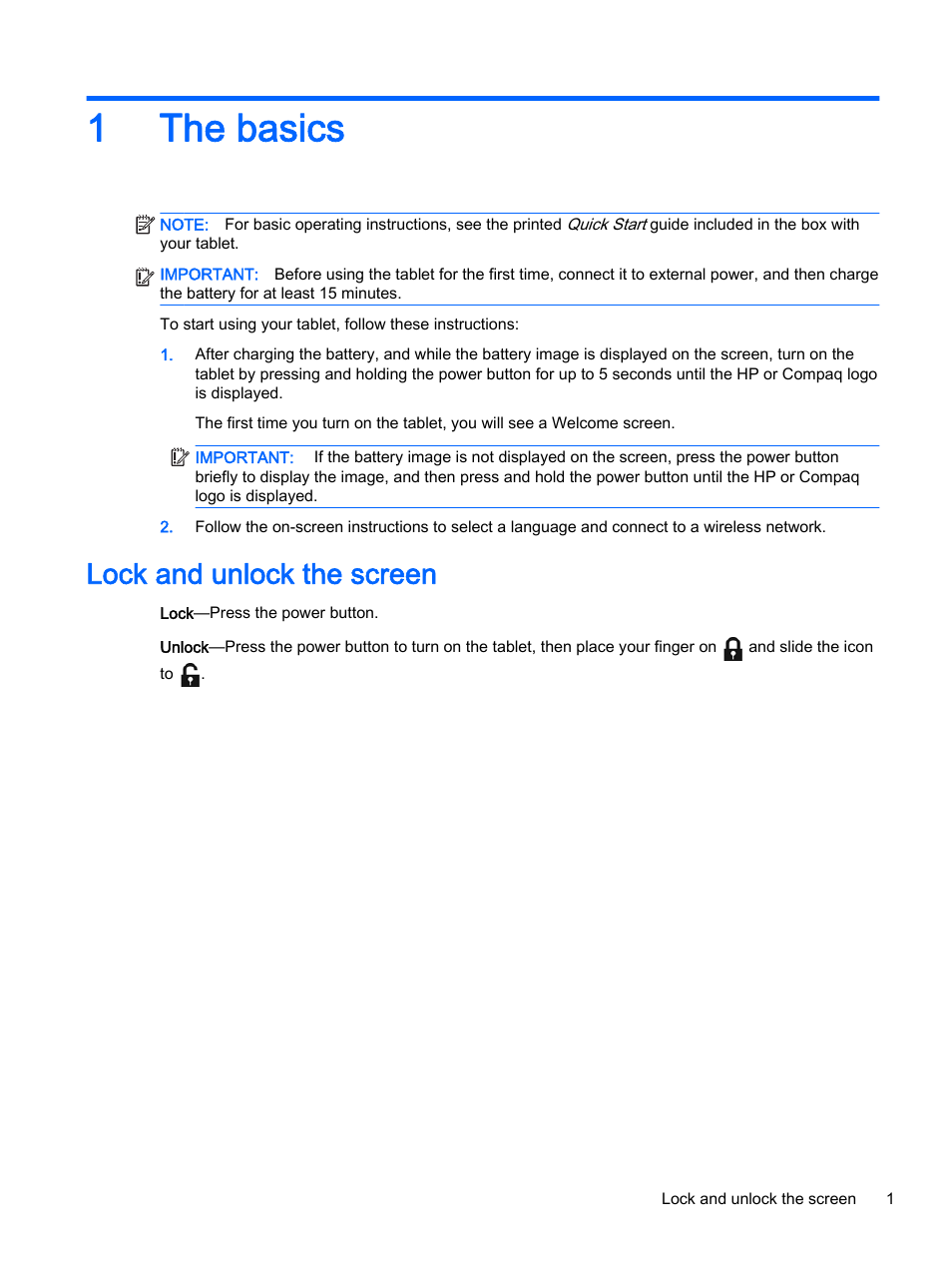 The basics, Lock and unlock the screen, 1 the basics | 1the basics | HP Slate 8 Pro-Business-Tablet User Manual | Page 5 / 22