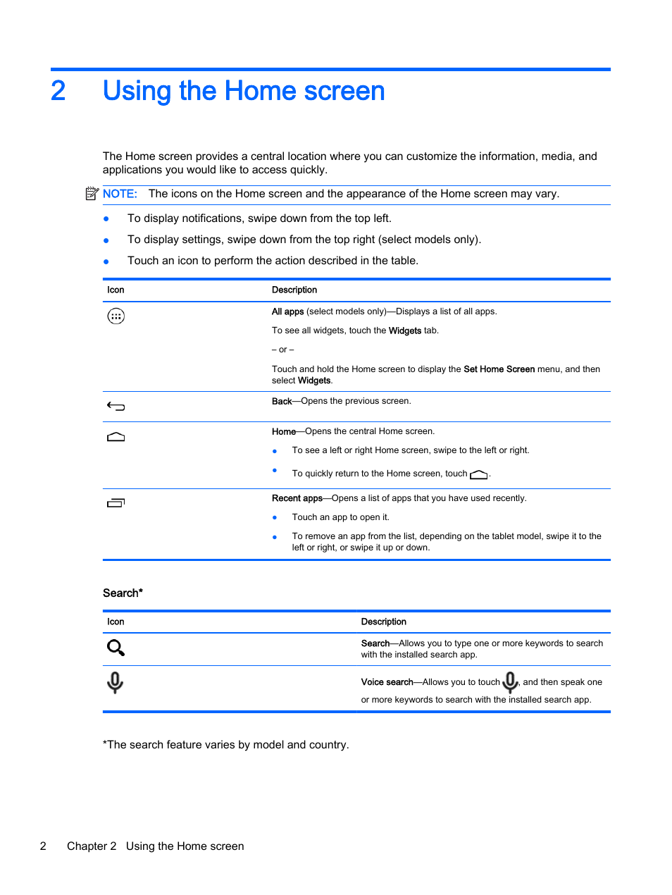 Using the home screen, 2 using the home screen, 2using the home screen | HP Slate 8 Pro-Business-Tablet User Manual | Page 6 / 22