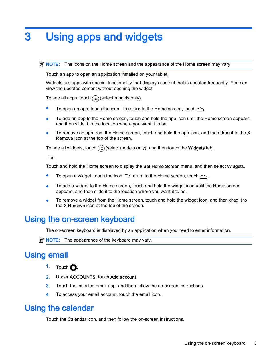 Using apps and widgets, Using the on-screen keyboard, Using email | Using the calendar, 3 using apps and widgets, 3using apps and widgets | HP Slate 8 Pro-Business-Tablet User Manual | Page 7 / 22