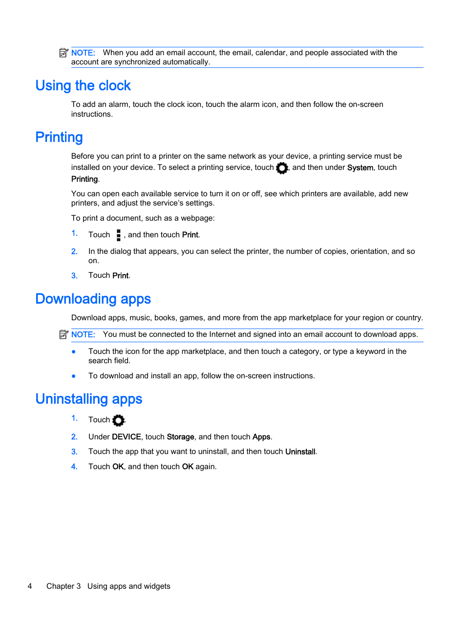 Using the clock, Printing, Downloading apps | Uninstalling apps | HP Slate 8 Pro-Business-Tablet User Manual | Page 8 / 22