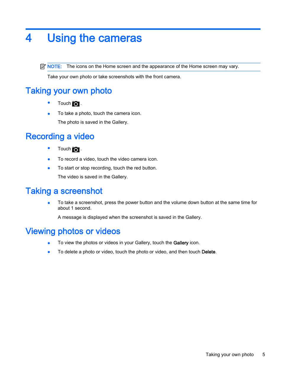 Using the cameras, Taking your own photo, Recording a video | Taking a screenshot, Viewing photos or videos, 4 using the cameras, 4using the cameras | HP Slate 8 Pro-Business-Tablet User Manual | Page 9 / 22