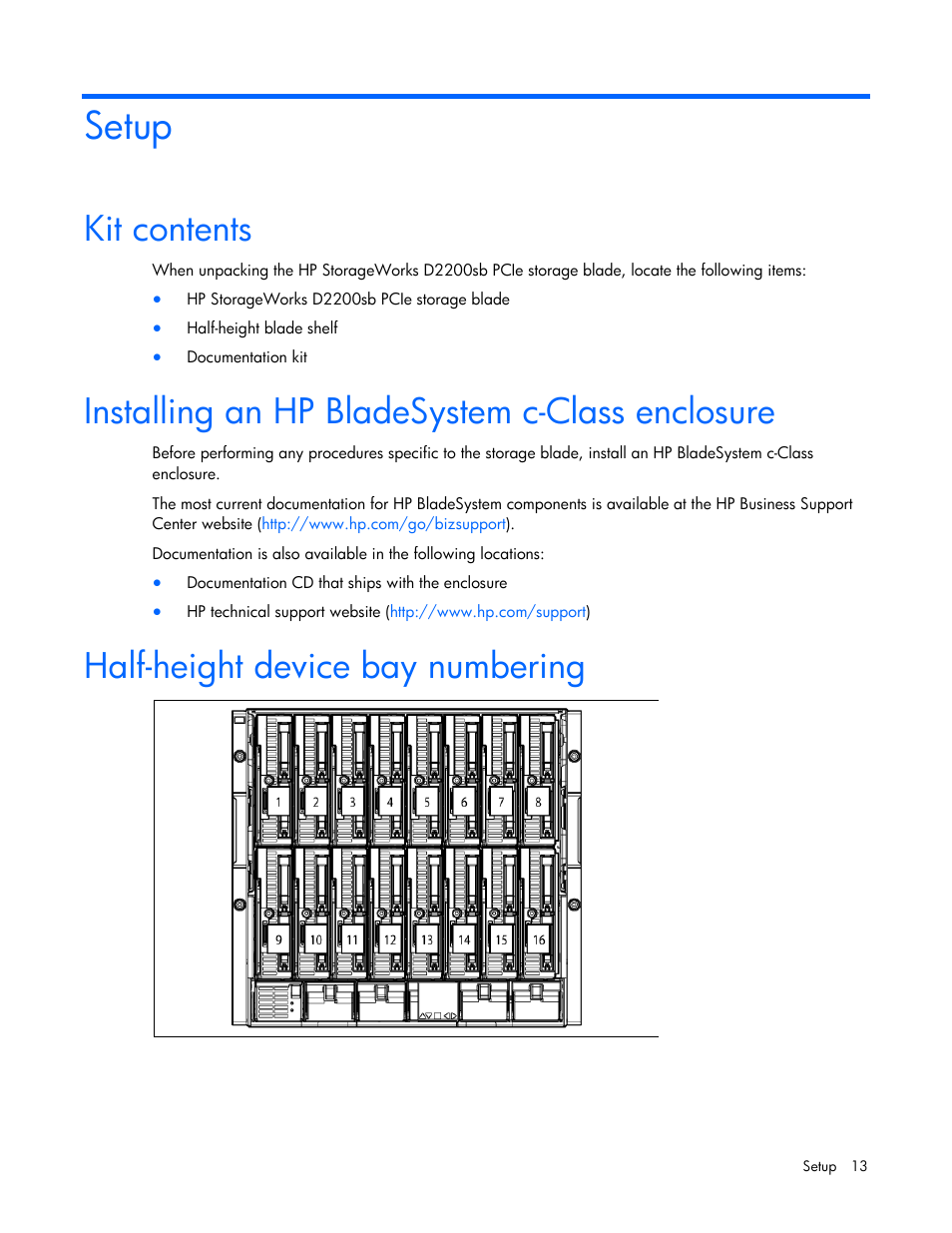 Setup, Kit contents, Installing an hp bladesystem c-class enclosure | Half-height device bay numbering | HP D2200sb Storage Blade User Manual | Page 13 / 49