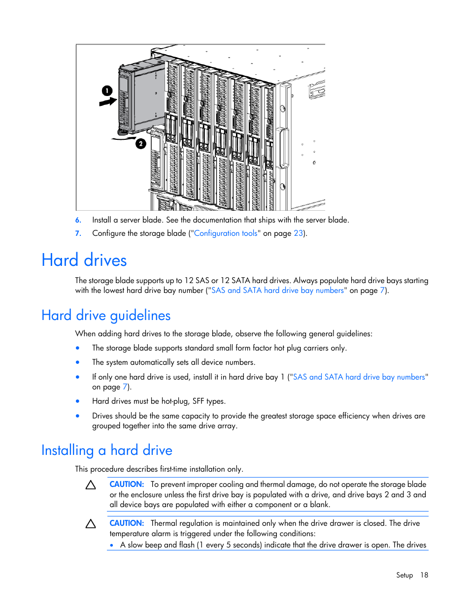 Hard drives, Hard drive guidelines, Installing a hard drive | HP D2200sb Storage Blade User Manual | Page 18 / 49