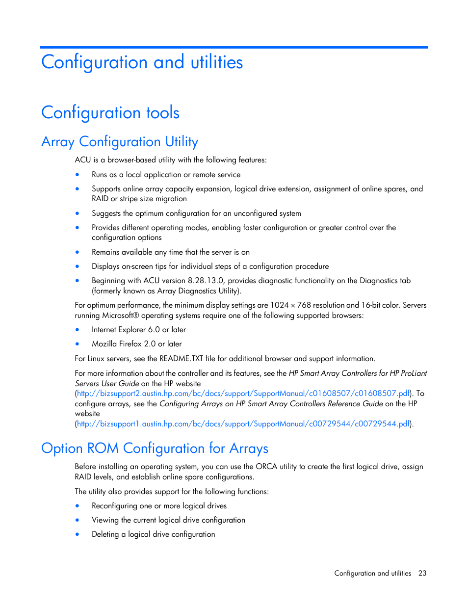 Configuration and utilities, Configuration tools, Array configuration utility | Option rom configuration for arrays | HP D2200sb Storage Blade User Manual | Page 23 / 49