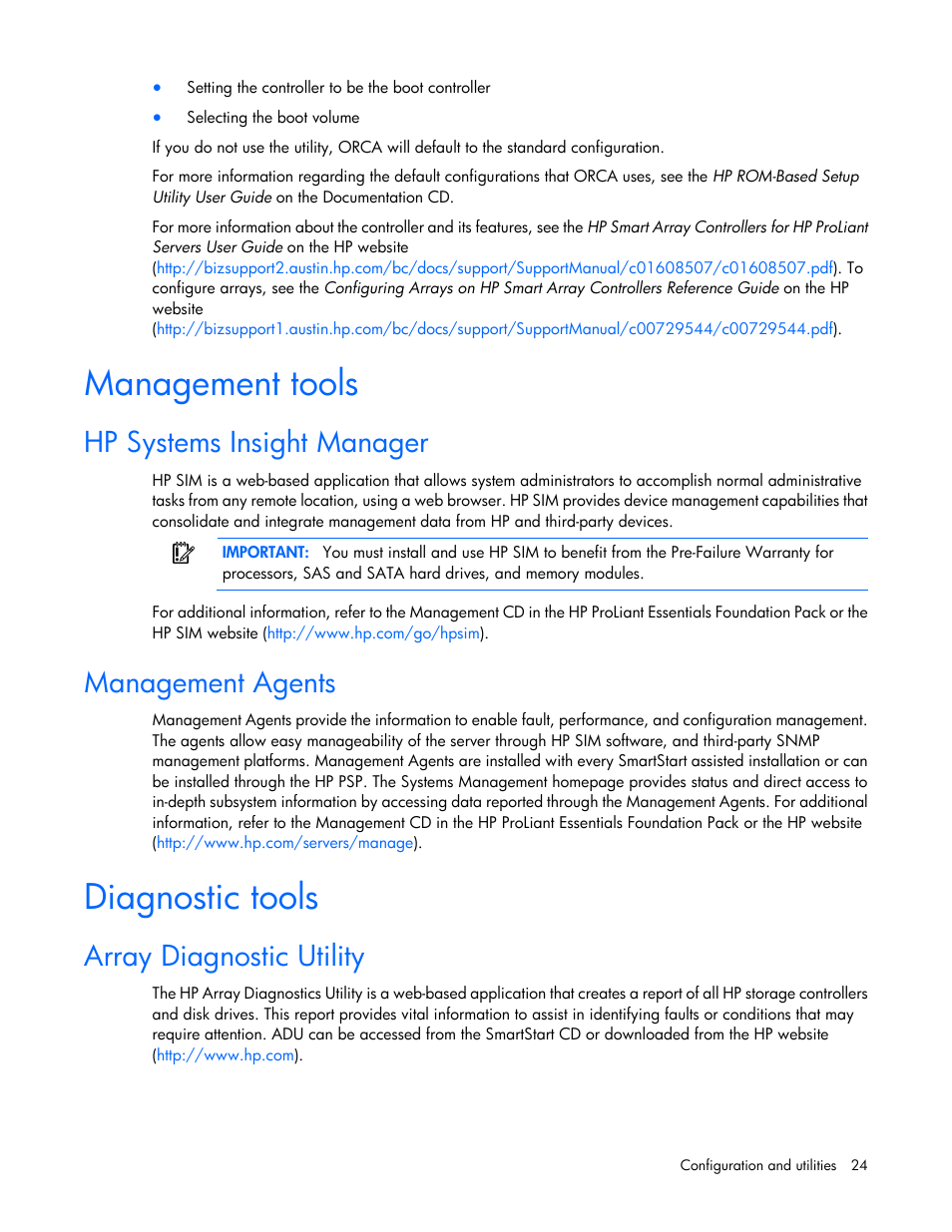 Management tools, Hp systems insight manager, Management agents | Diagnostic tools, Array diagnostic utility | HP D2200sb Storage Blade User Manual | Page 24 / 49