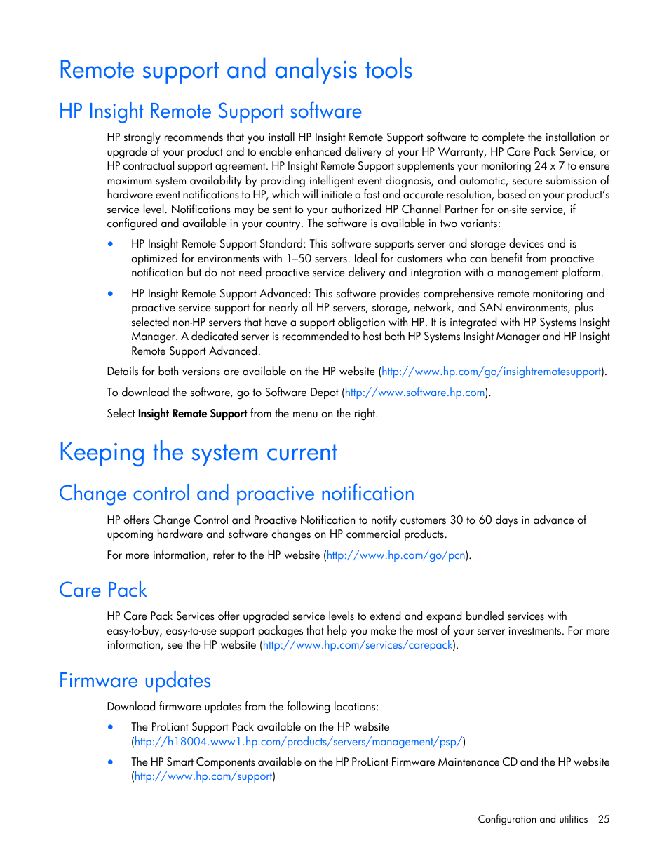 Remote support and analysis tools, Hp insight remote support software, Keeping the system current | Change control and proactive notification, Care pack, Firmware updates | HP D2200sb Storage Blade User Manual | Page 25 / 49