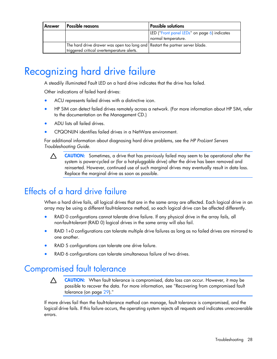 Recognizing hard drive failure, Effects of a hard drive failure, Compromised fault tolerance | HP D2200sb Storage Blade User Manual | Page 28 / 49
