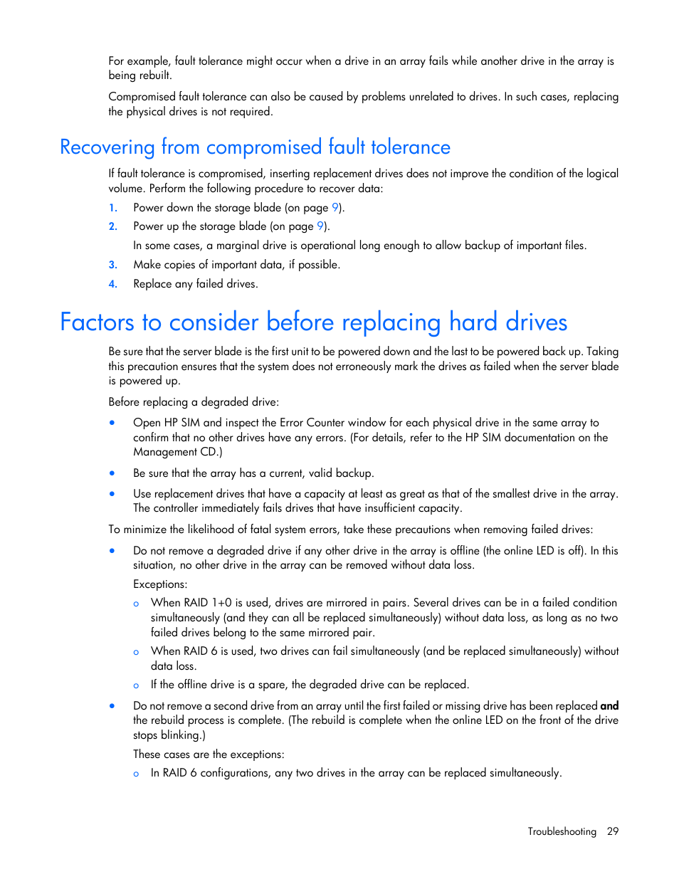 Recovering from compromised fault tolerance, Factors to consider before replacing hard drives | HP D2200sb Storage Blade User Manual | Page 29 / 49