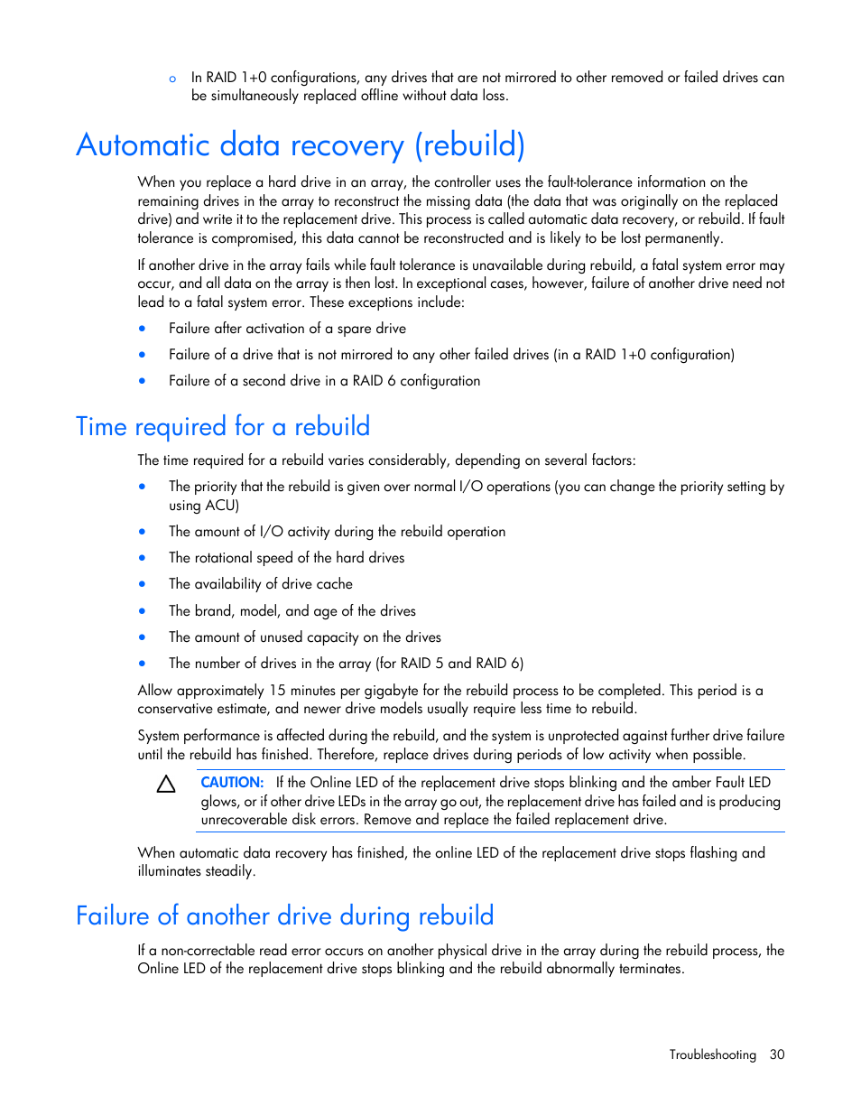 Automatic data recovery (rebuild), Time required for a rebuild, Failure of another drive during rebuild | HP D2200sb Storage Blade User Manual | Page 30 / 49