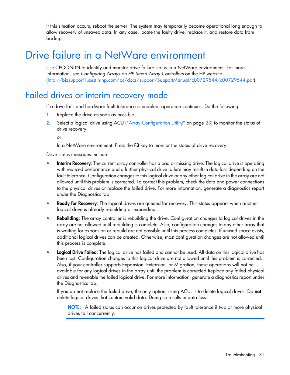 Drive failure in a netware environment, Failed drives or interim recovery mode | HP D2200sb Storage Blade User Manual | Page 31 / 49