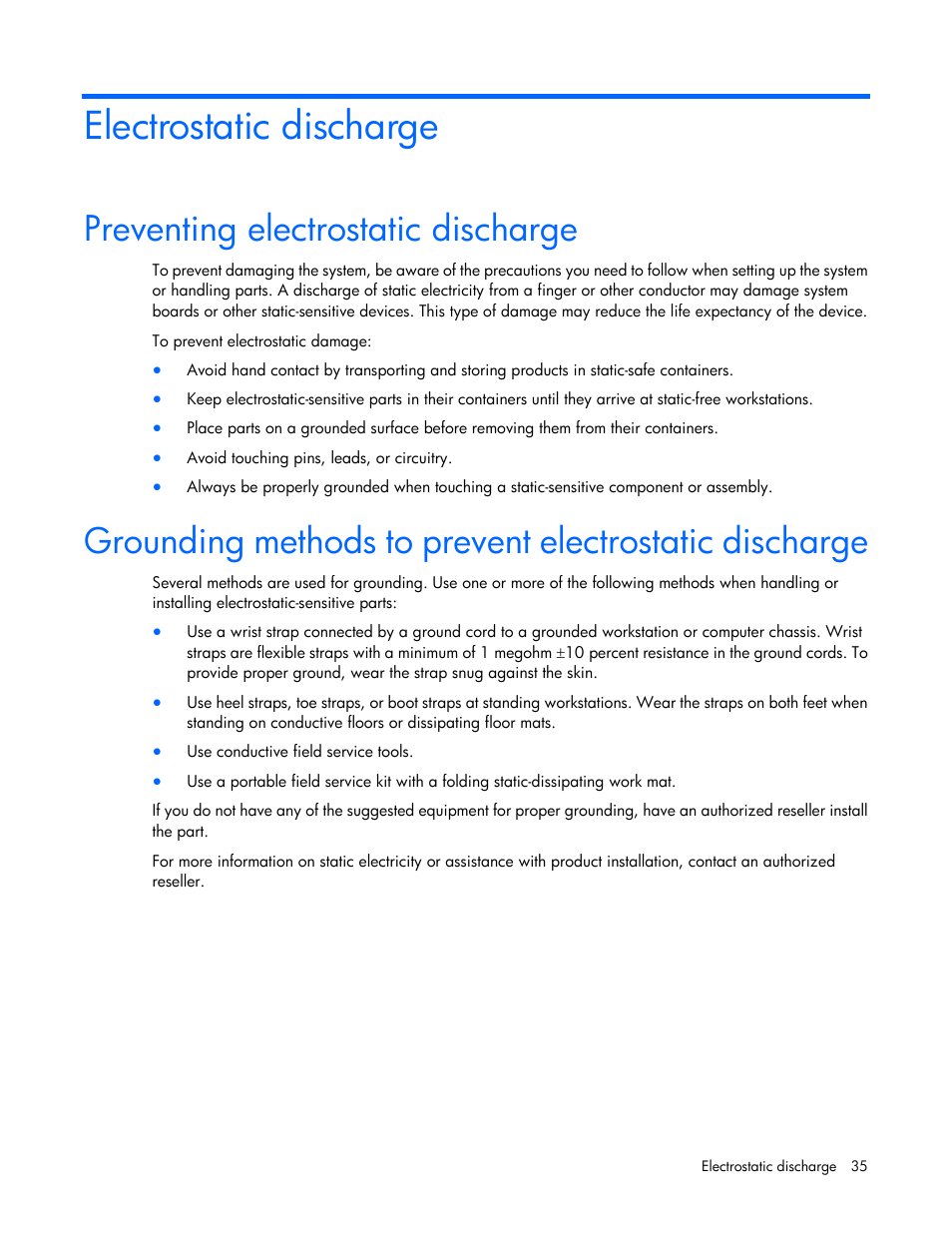 Electrostatic discharge, Preventing electrostatic discharge | HP D2200sb Storage Blade User Manual | Page 35 / 49