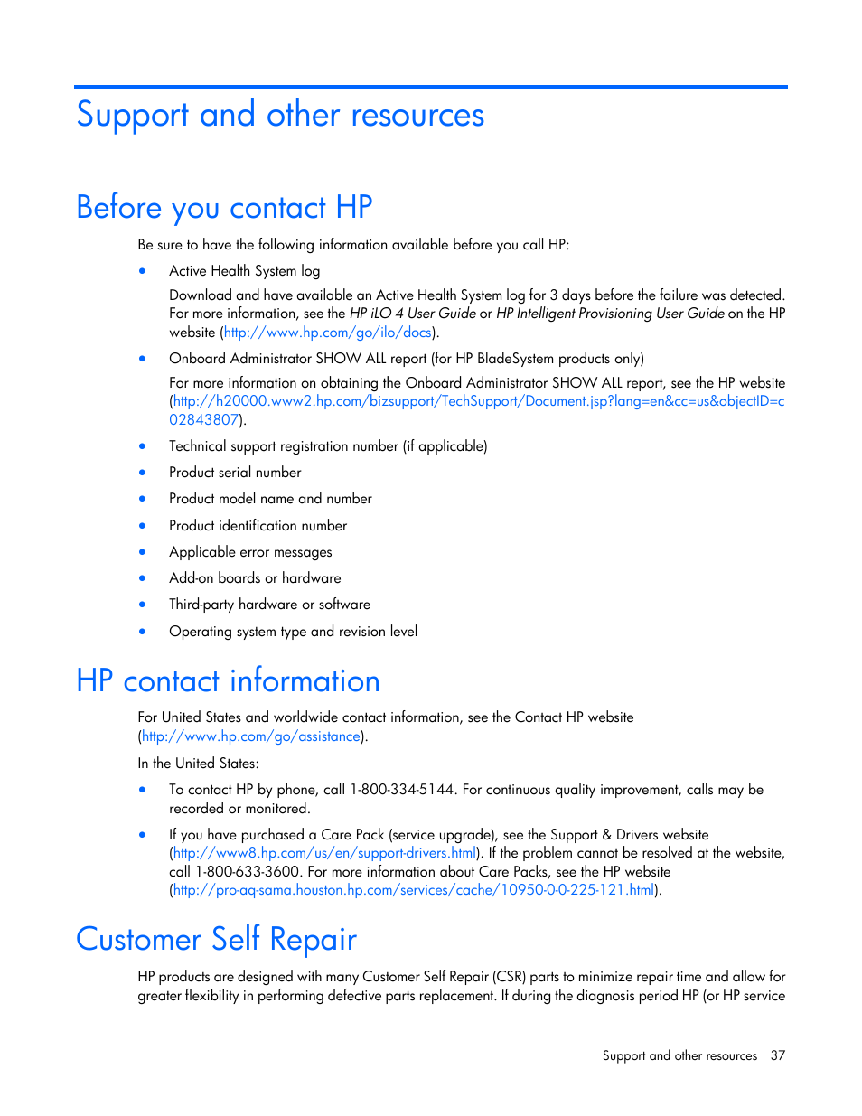 Support and other resources, Before you contact hp, Hp contact information | Customer self repair | HP D2200sb Storage Blade User Manual | Page 37 / 49