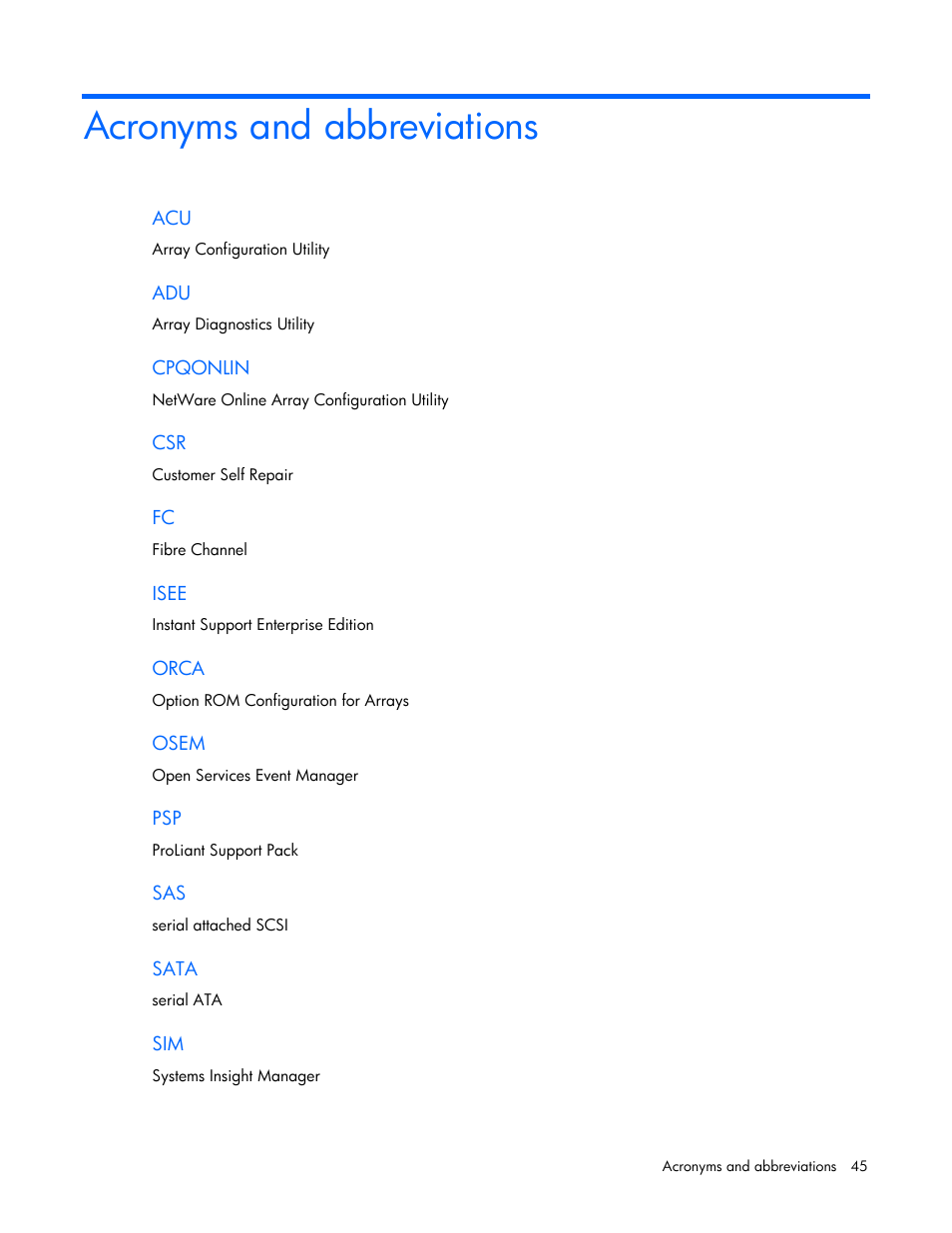 Acronyms and abbreviations | HP D2200sb Storage Blade User Manual | Page 45 / 49