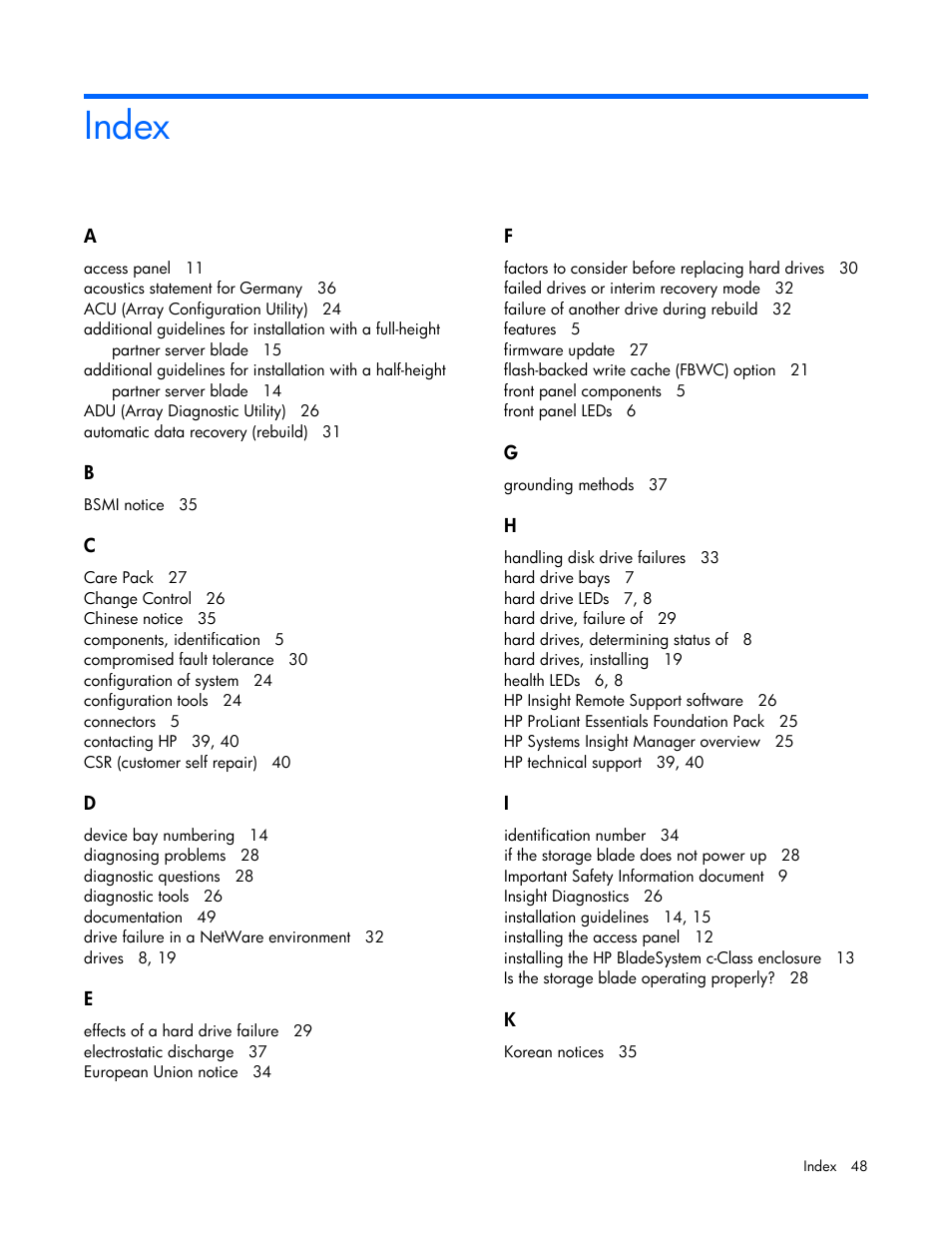 Index | HP D2200sb Storage Blade User Manual | Page 48 / 49