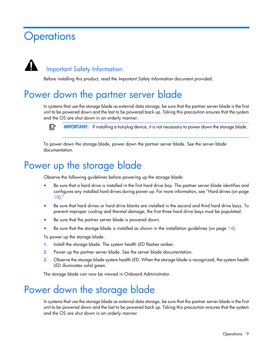 Operations, Power down the partner server blade, Power up the storage blade | Power down the storage blade, Important safety information | HP D2200sb Storage Blade User Manual | Page 9 / 49