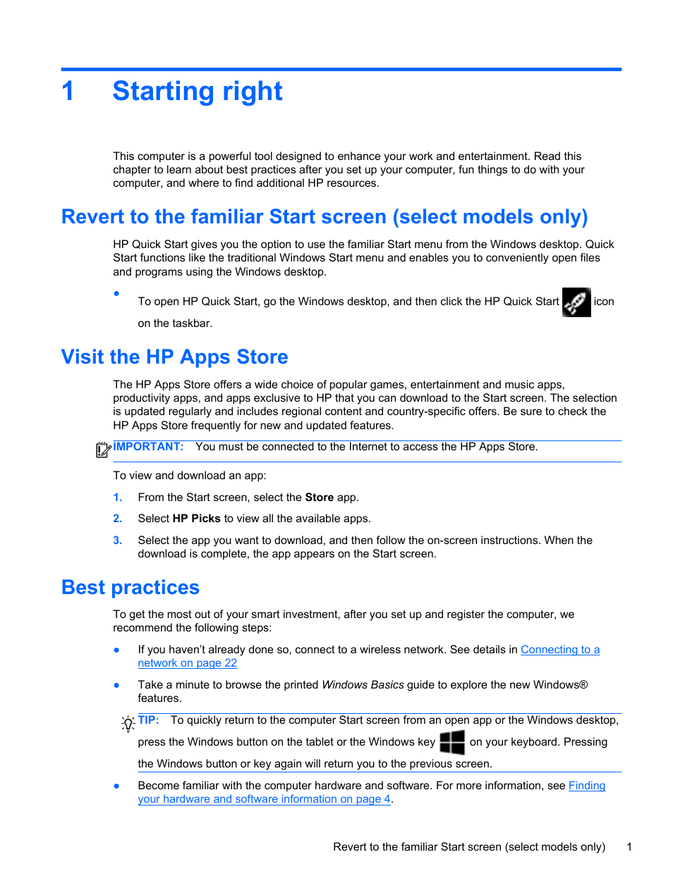 Starting right, Visit the hp apps store, Best practices | 1 starting right, 1starting right | HP Pavilion 13z-p100 CTO x2 PC User Manual | Page 11 / 81