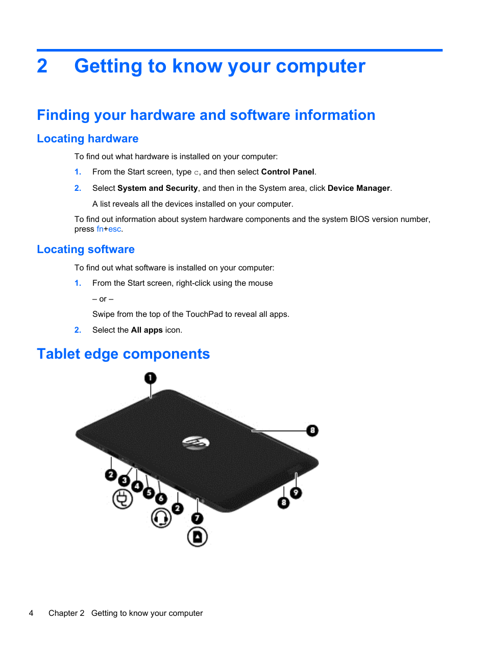 Getting to know your computer, Finding your hardware and software information, Locating hardware | Locating software, Tablet edge components, 2 getting to know your computer, Locating hardware locating software, Finding, 2getting to know your computer | HP Pavilion 13z-p100 CTO x2 PC User Manual | Page 14 / 81