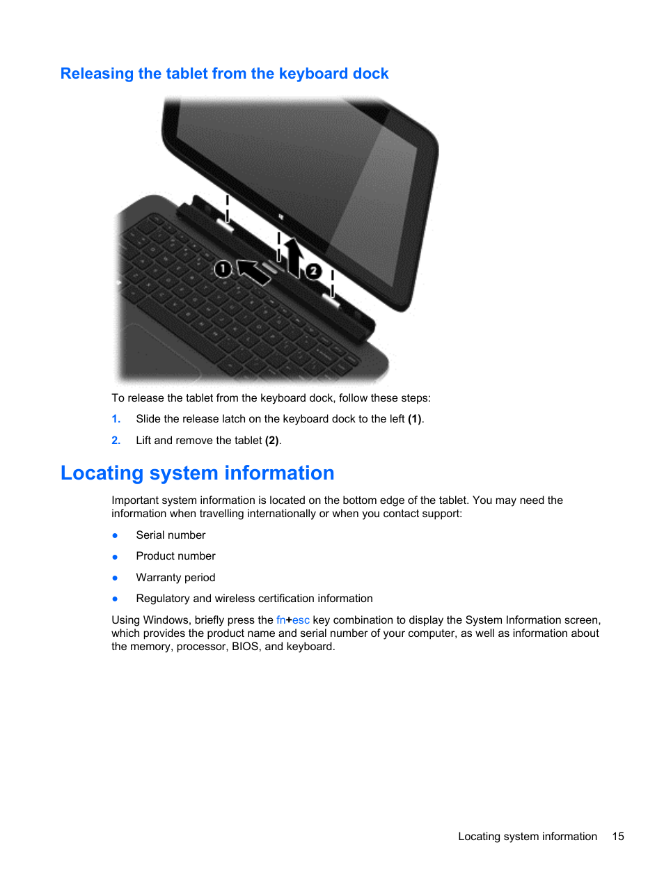 Releasing the tablet from the keyboard dock, Locating system information | HP Pavilion 13z-p100 CTO x2 PC User Manual | Page 25 / 81