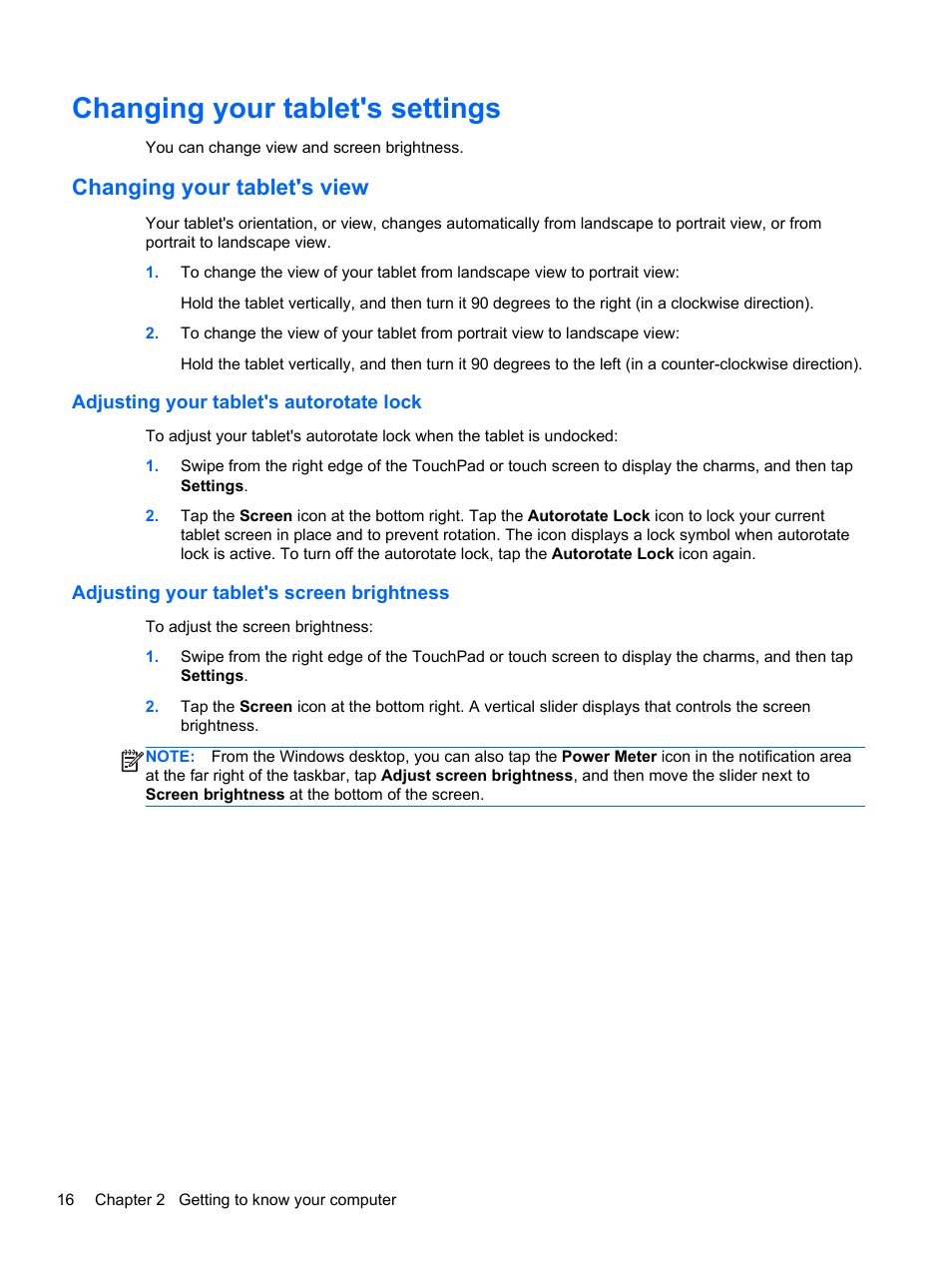 Changing your tablet's settings, Changing your tablet's view, Adjusting your tablet's autorotate lock | Adjusting your tablet's screen brightness | HP Pavilion 13z-p100 CTO x2 PC User Manual | Page 26 / 81