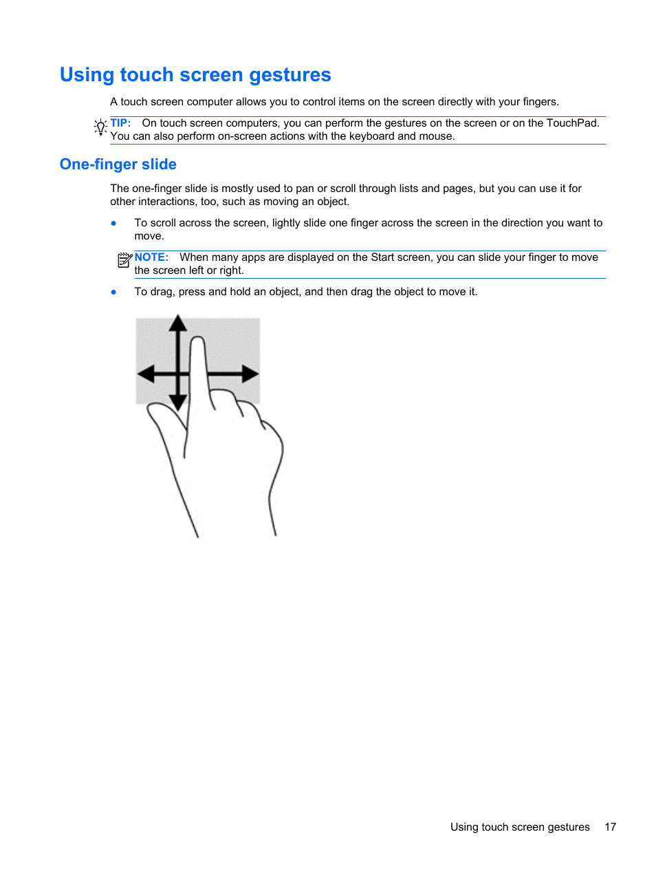 Using touch screen gestures, One-finger slide | HP Pavilion 13z-p100 CTO x2 PC User Manual | Page 27 / 81