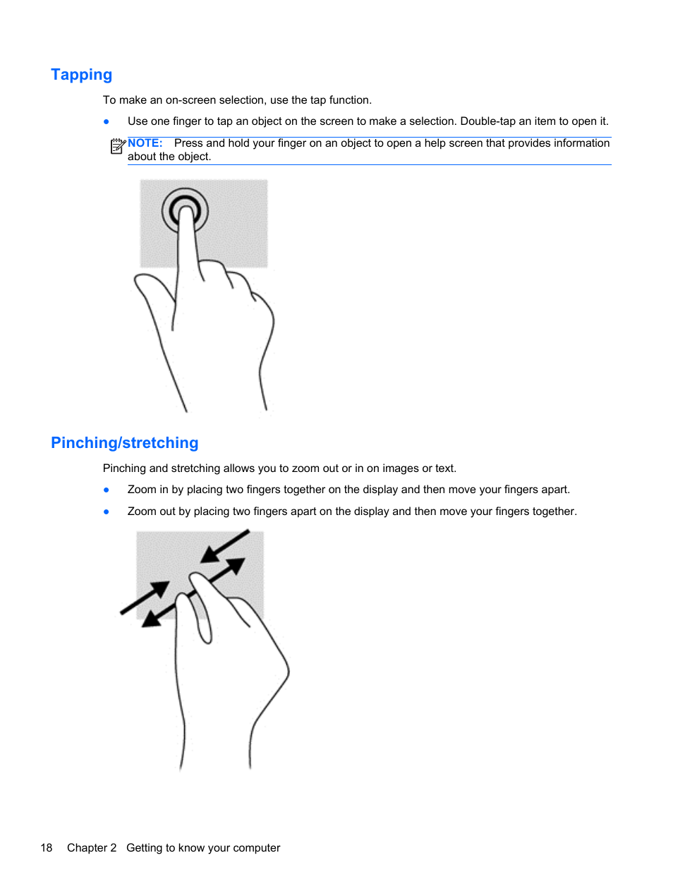 Tapping, Pinching/stretching, Tapping pinching/stretching | HP Pavilion 13z-p100 CTO x2 PC User Manual | Page 28 / 81