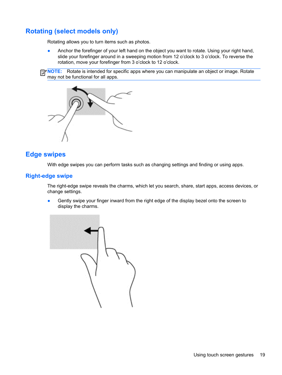 Rotating (select models only), Edge swipes, Right-edge swipe | Rotating (select models only) edge swipes | HP Pavilion 13z-p100 CTO x2 PC User Manual | Page 29 / 81