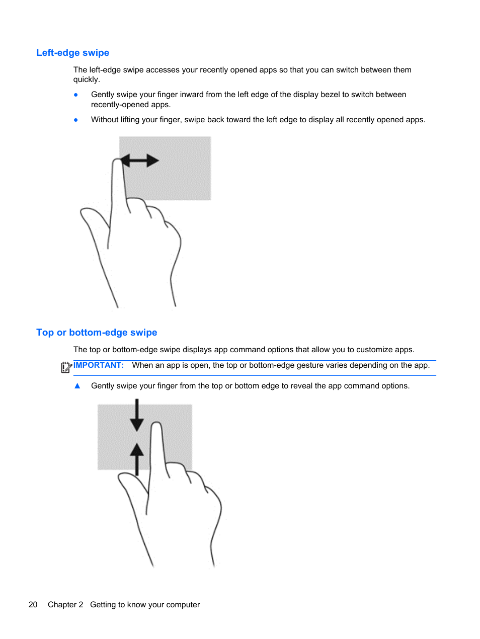 Left-edge swipe, Top or bottom-edge swipe, Left-edge swipe top or bottom-edge swipe | HP Pavilion 13z-p100 CTO x2 PC User Manual | Page 30 / 81