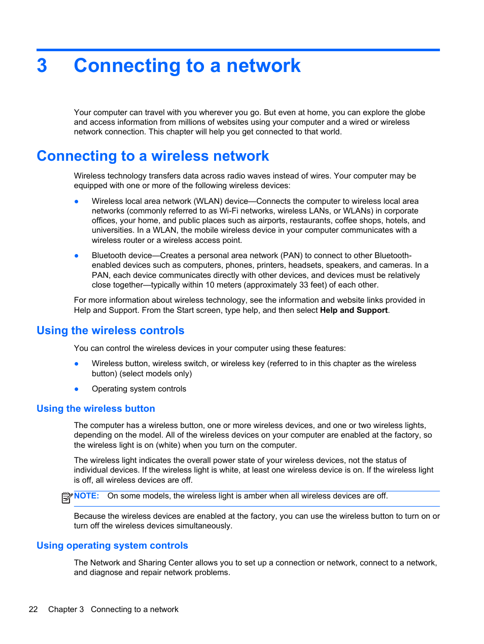 Connecting to a network, Connecting to a wireless network, Using the wireless controls | Using the wireless button, Using operating system controls, 3 connecting to a network, Connecting to a, 3connecting to a network | HP Pavilion 13z-p100 CTO x2 PC User Manual | Page 32 / 81