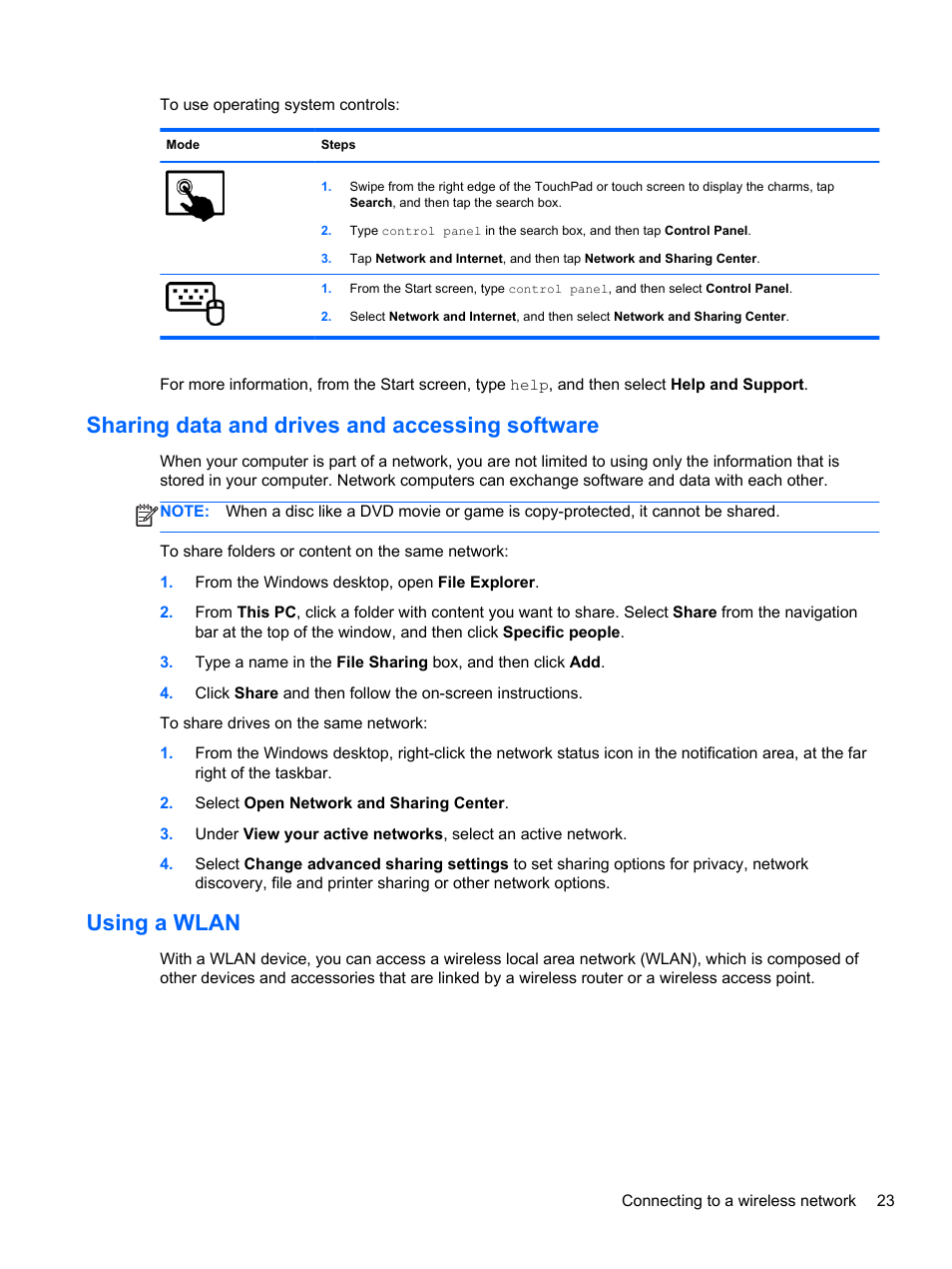 Sharing data and drives and accessing software, Using a wlan | HP Pavilion 13z-p100 CTO x2 PC User Manual | Page 33 / 81