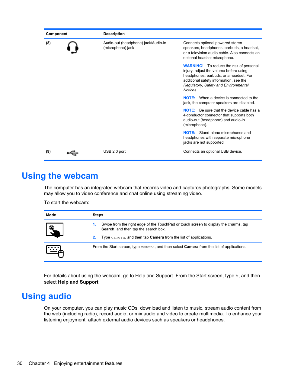 Using the webcam, Using audio, Using the webcam using audio | HP Pavilion 13z-p100 CTO x2 PC User Manual | Page 40 / 81