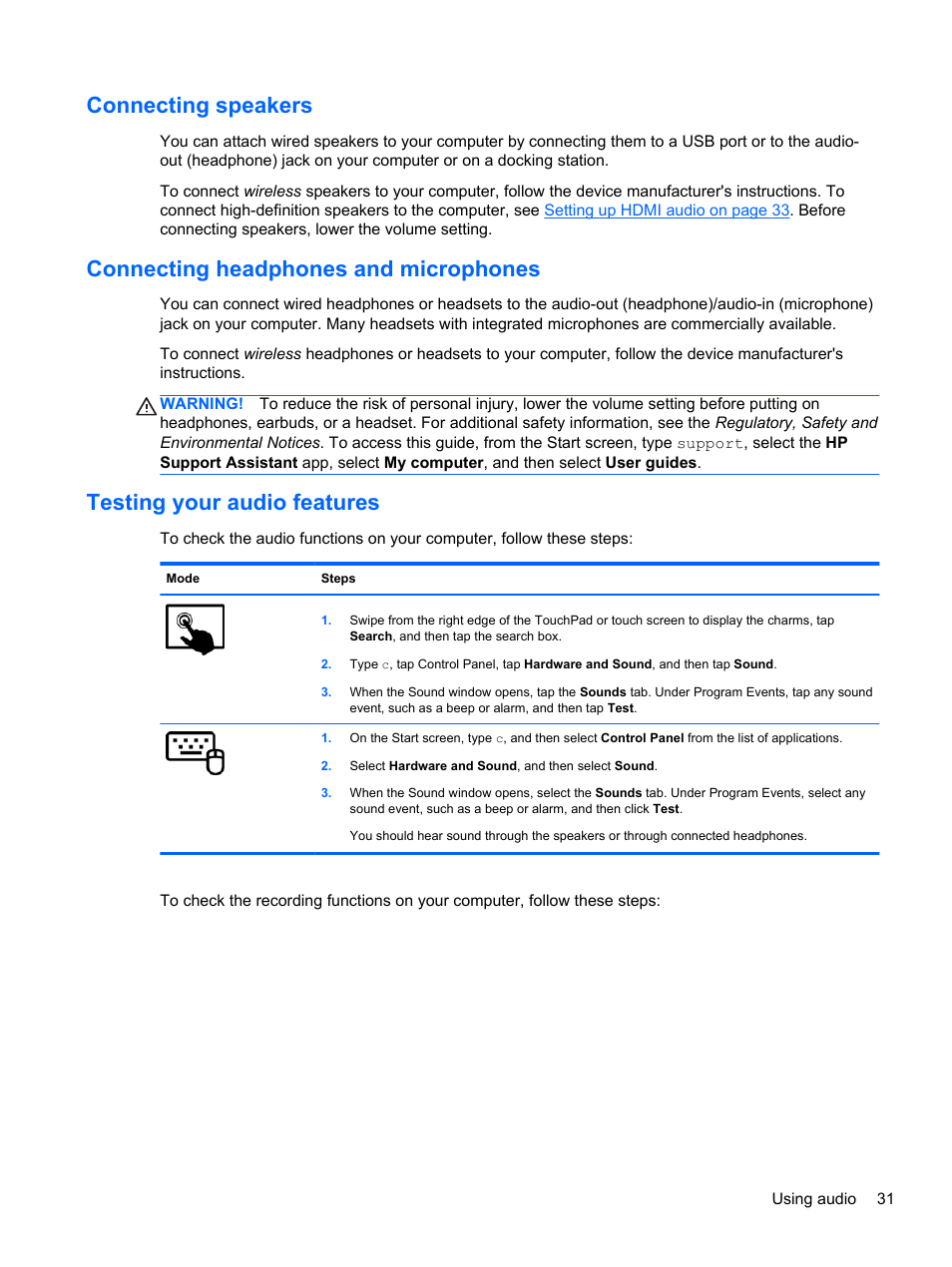 Connecting speakers, Connecting headphones and microphones, Testing your audio features | HP Pavilion 13z-p100 CTO x2 PC User Manual | Page 41 / 81