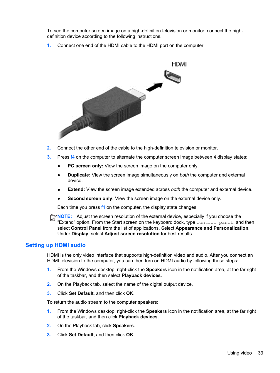 Setting up hdmi audio | HP Pavilion 13z-p100 CTO x2 PC User Manual | Page 43 / 81