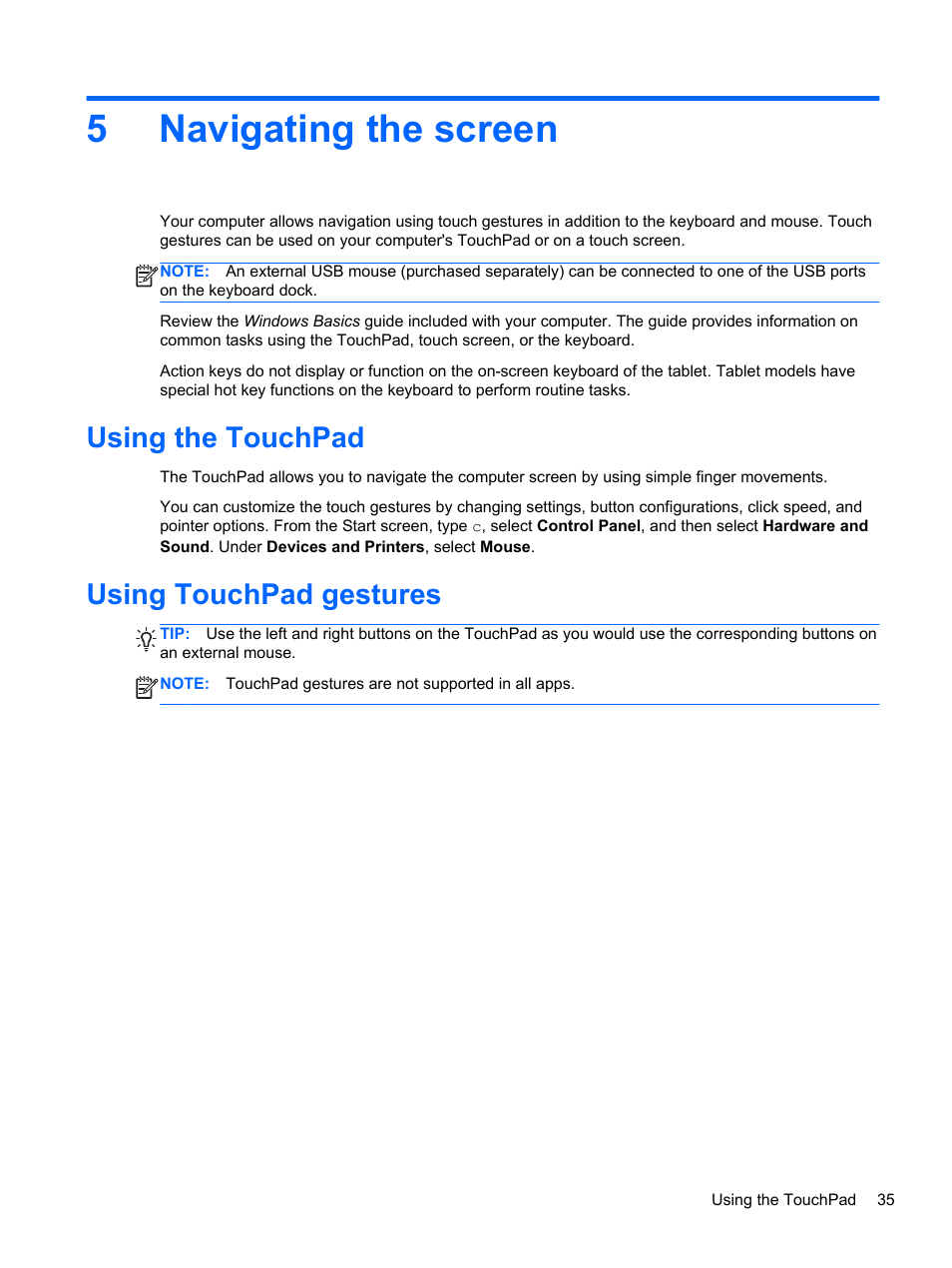 Navigating the screen, Using the touchpad, Using touchpad gestures | 5 navigating the screen, Using the touchpad using touchpad gestures, Text. see, 5navigating the screen | HP Pavilion 13z-p100 CTO x2 PC User Manual | Page 45 / 81